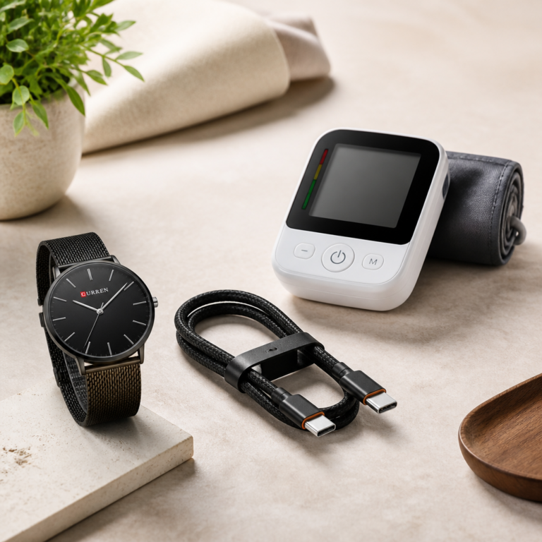 3 Smart Everyday Buys: Ultra-Thin Men’s Watch, 240W USB-C Fast Charging Cable, and Upper Arm Blood Pressure Monitor