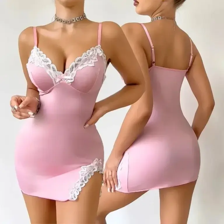 Pink Women Nightdress with Lace and Deep V