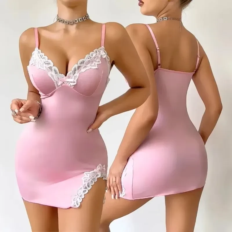 Pink Women Nightdress with Lace and Deep V