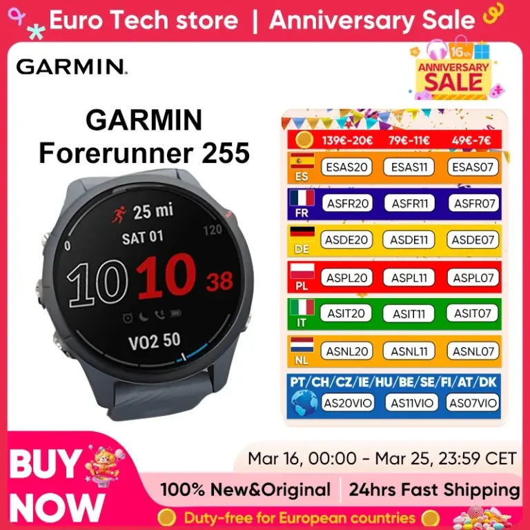 Garmin Forerunner 255 Sports Smartwatch 46mm 1.3” Color Screen 14 Days Battery Life 4GB RAM NFC Bluetooth Wifi 5ATM Waterproof