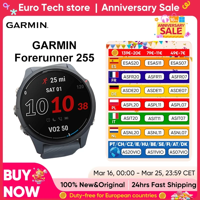 Garmin Forerunner 255 Sports Smartwatch 46mm 1.3” Color Screen 14 Days Battery Life 4GB RAM NFC Bluetooth Wifi 5ATM Waterproof