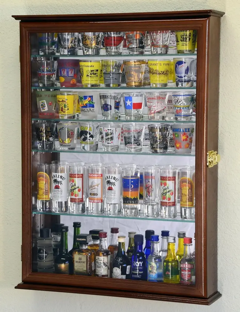 large mirror backed and 7 glass adjustable shelves shot glass glasses shooter display case holder ca