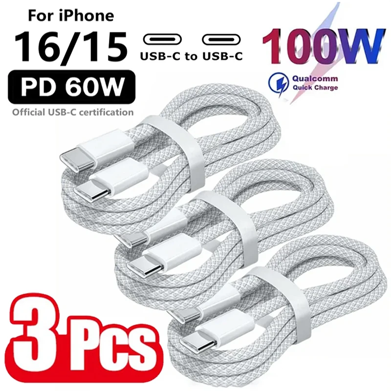 3PCS USB C Cable to USB C 100W Fast Charging Charger Cable Supports Fast Charging For iPhone 16 15 S 3PCS USB C Cable to USB C 100W Fast Charging Charger Cable Supports Fast Charging For iPhone 16 15 S