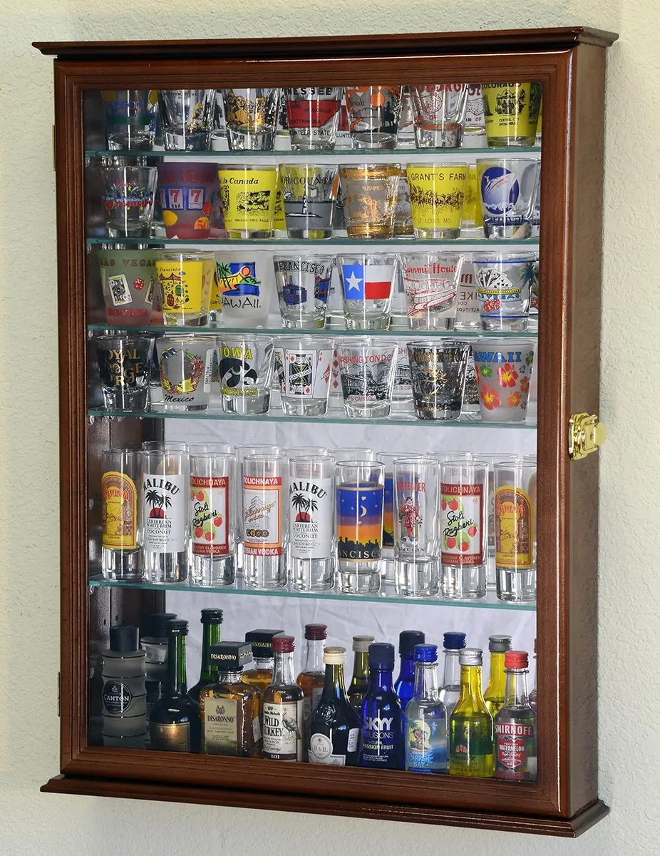 Walnut Shot Glass Display Cabinet with 7 Shelves