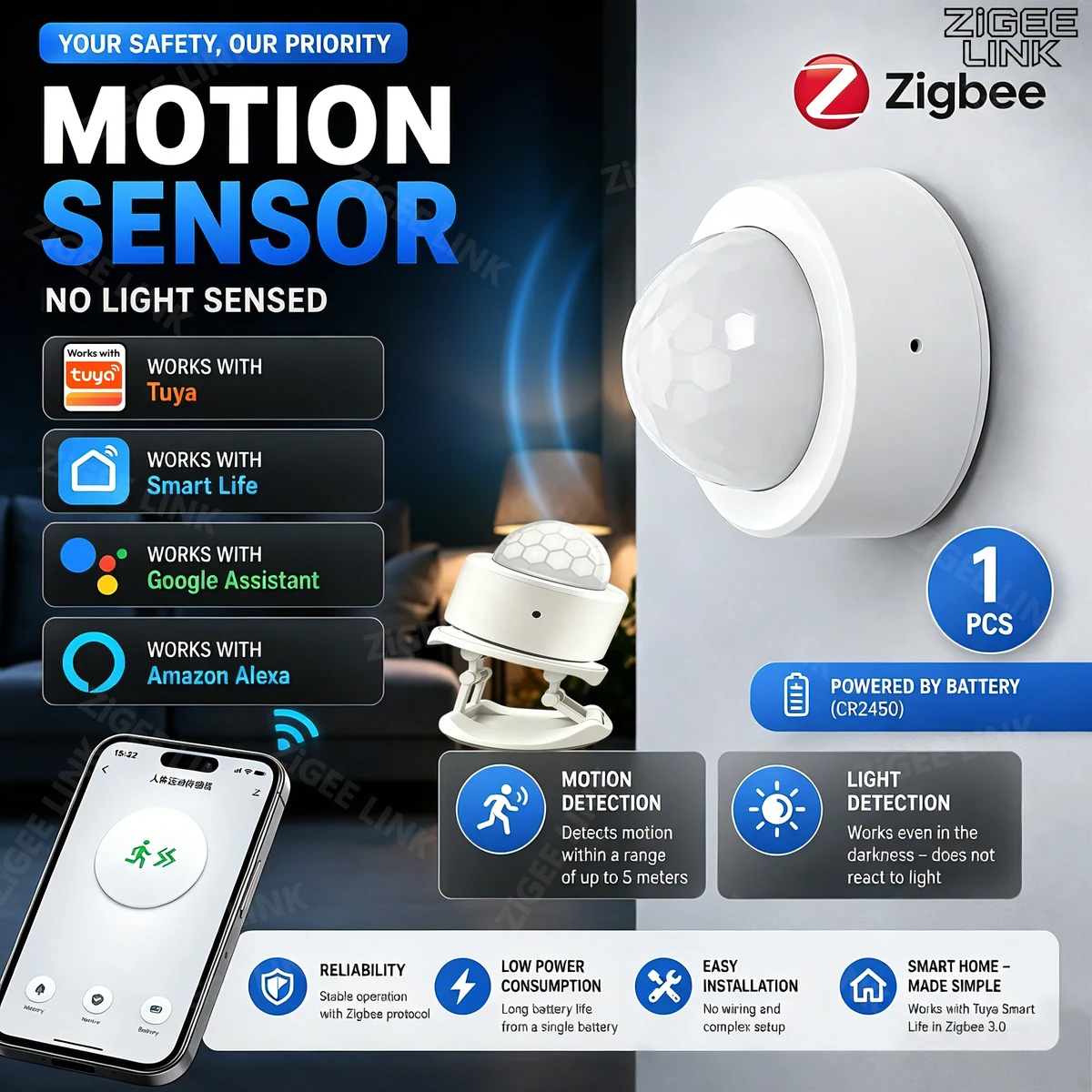 Zigbee PIR Motion Sensor for Alexa and Google